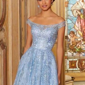 Mori Lee Blue Off-Shoulder A-Line Prom Dress